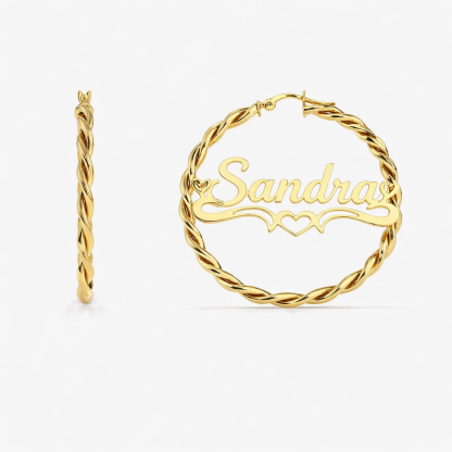 Gold Plated Name Earrings with Heart Personalized Custom Twist Hoop Earrings