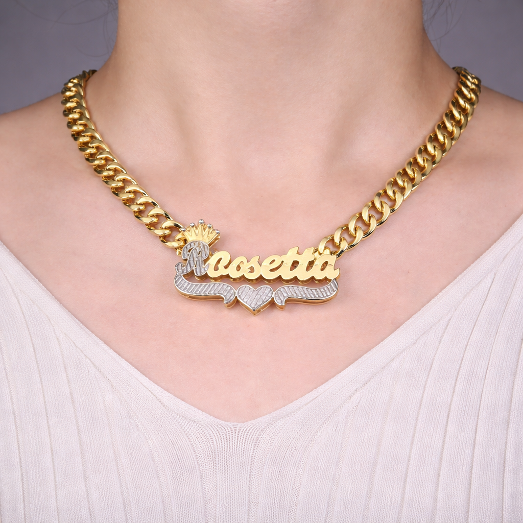 Custom Double Layer Nameplate Necklace with Heart Two Tone Name Necklace with Cuban Chain
