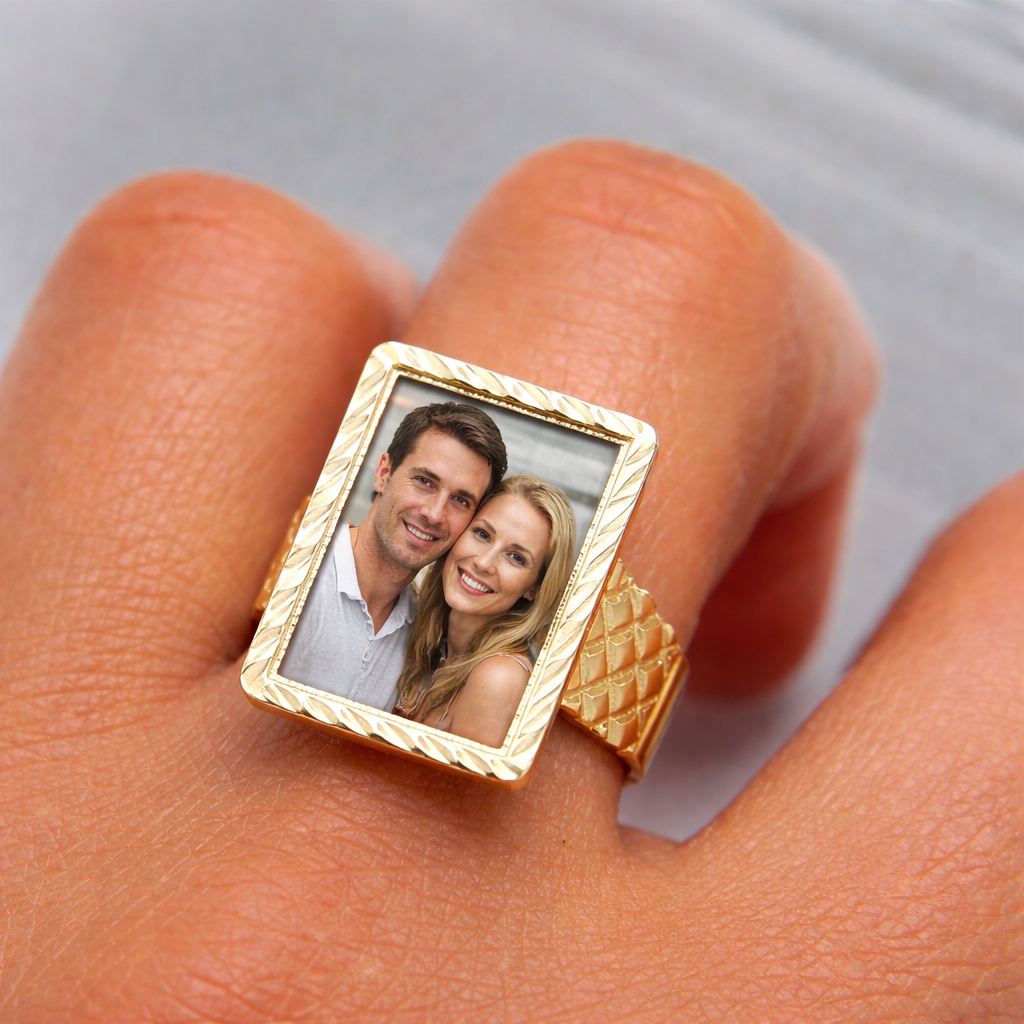 Rectangle Personalized Photo Ring Gold Plated Diamond Cut Ring