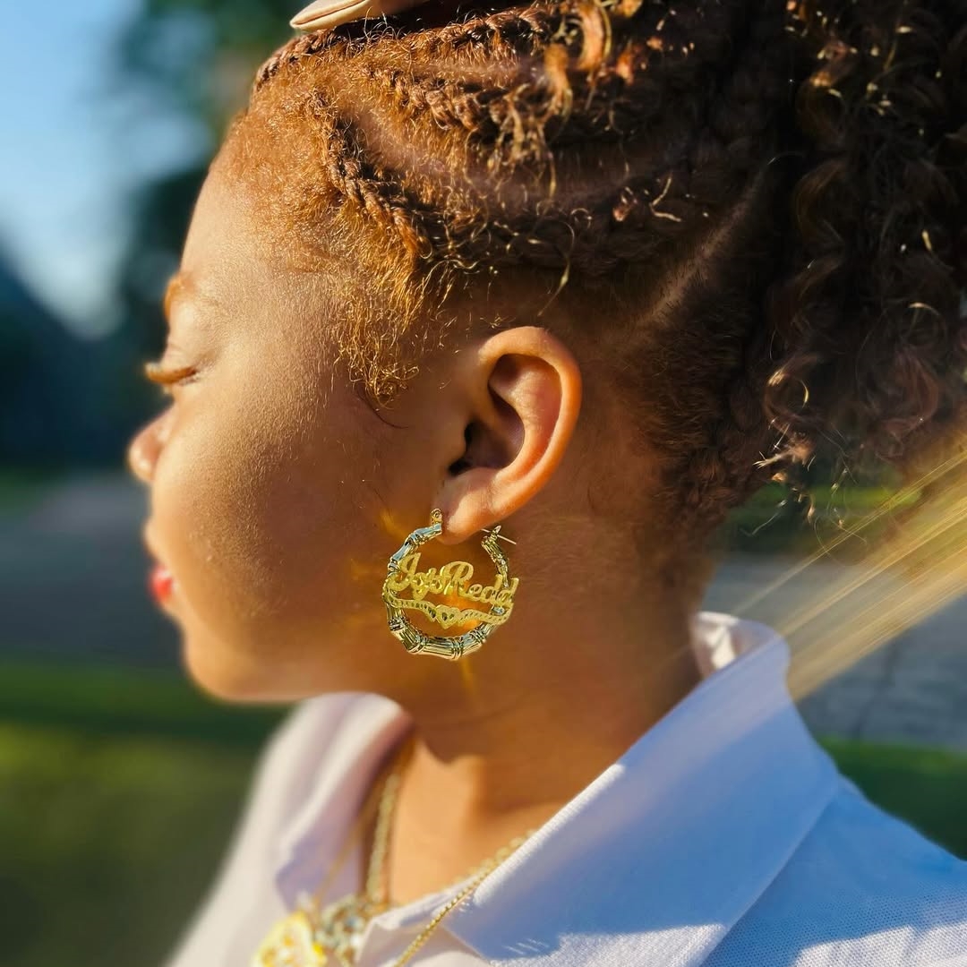 Custom Diamond Cut Heart Nameplate Bamboo Earrings