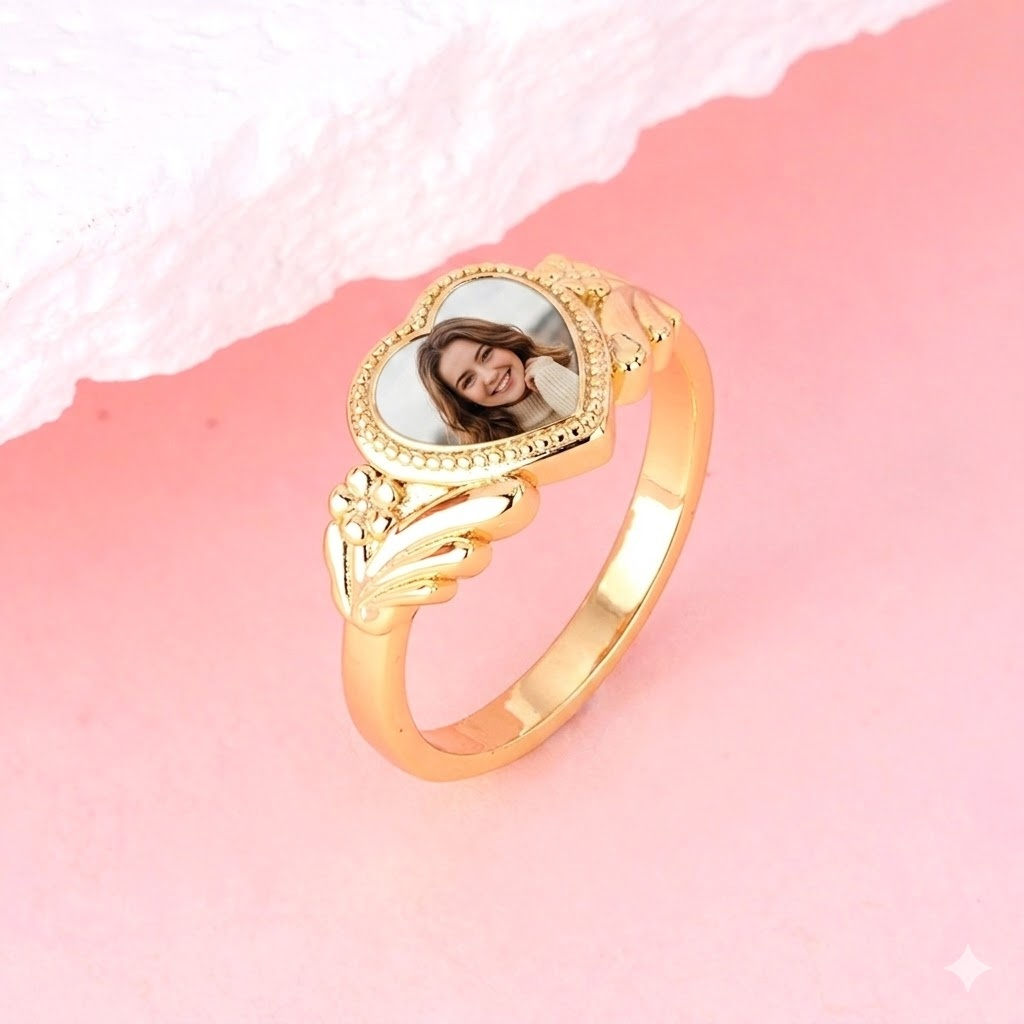 Gold Plated Personalized Love Heart Photo Ring Engraved Custom Ring