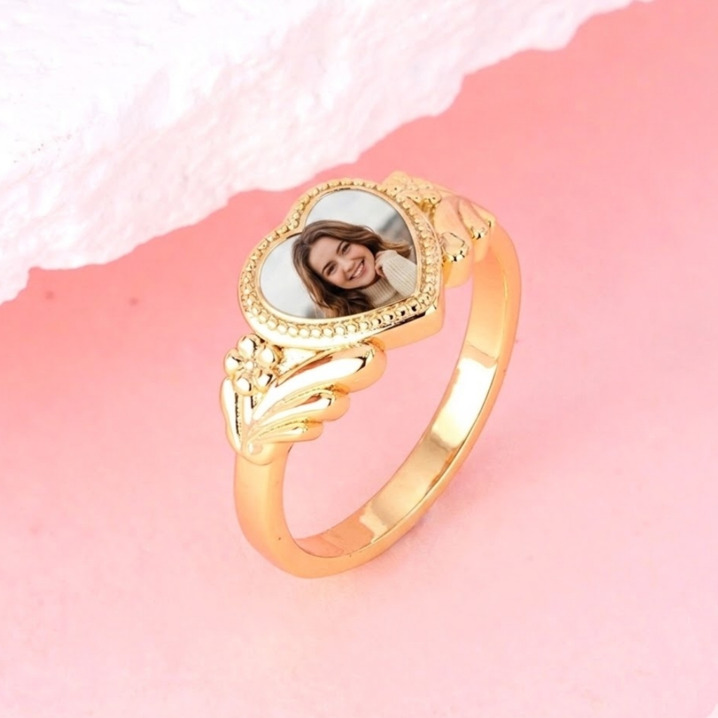 Gold Plated Personalized Love Heart Photo Ring Engraved Custom Ring