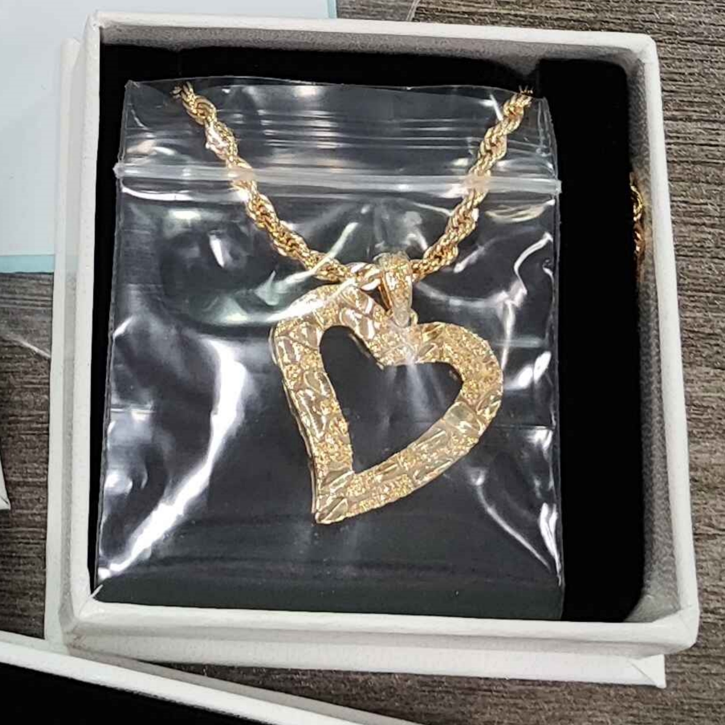 Gold Plated Nugget Necklace Diamond Cut Charm Heart Necklace