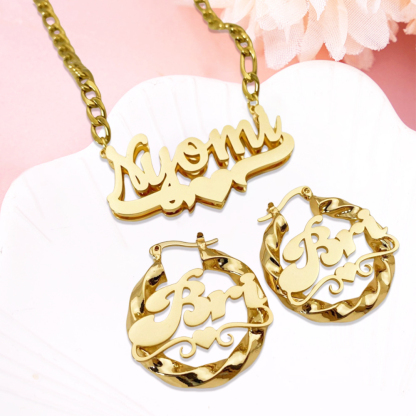 Double Plated Name Necklace Custom Name Earrings Heart Namplate Set