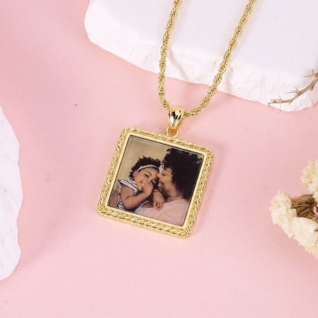 Gold Plated Square Photo Pendant Necklace Diamond Cut Nugget Necklace