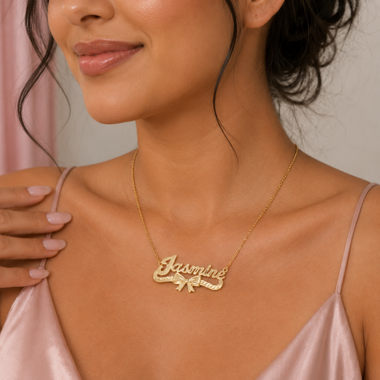 Bow Ribbon Gold Plated Custom Name Necklace Diamond Cut Necklace