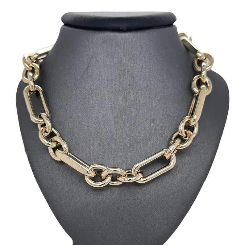 14k Gold Plated Italian Mixed Trombone Chunky Link Chain Necklace