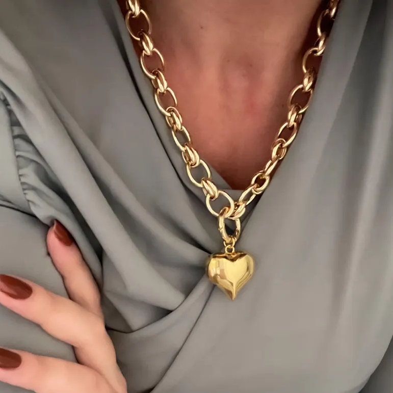 Chunky Gold Plated Heart Pendant Necklace