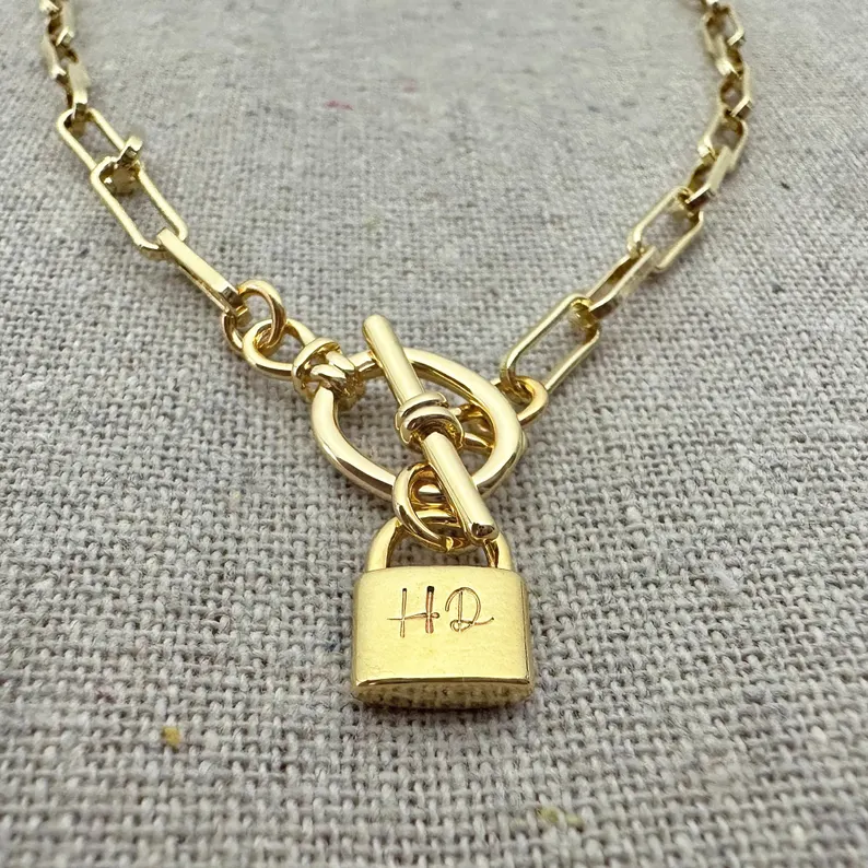 Chunky Personalized Engraved Initial  Padlock Pendant Necklace Custom Name Necklace