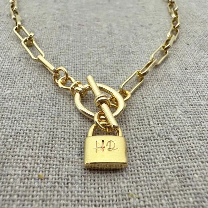 Chunky Personalized Engraved Initial  Padlock Pendant Necklace Custom Name Necklace