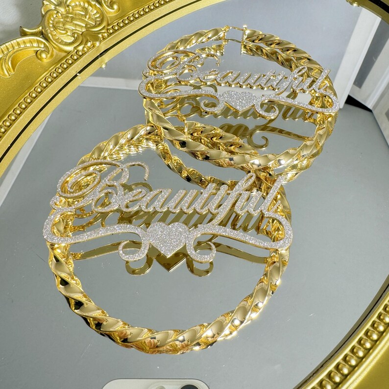 Shiny Bling Name Earrings Love Heart Personalized Name Twist Hoop Earrings