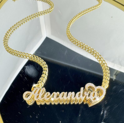Shiny Bling Double Plate Heart Name Necklace Custom Name Necklace