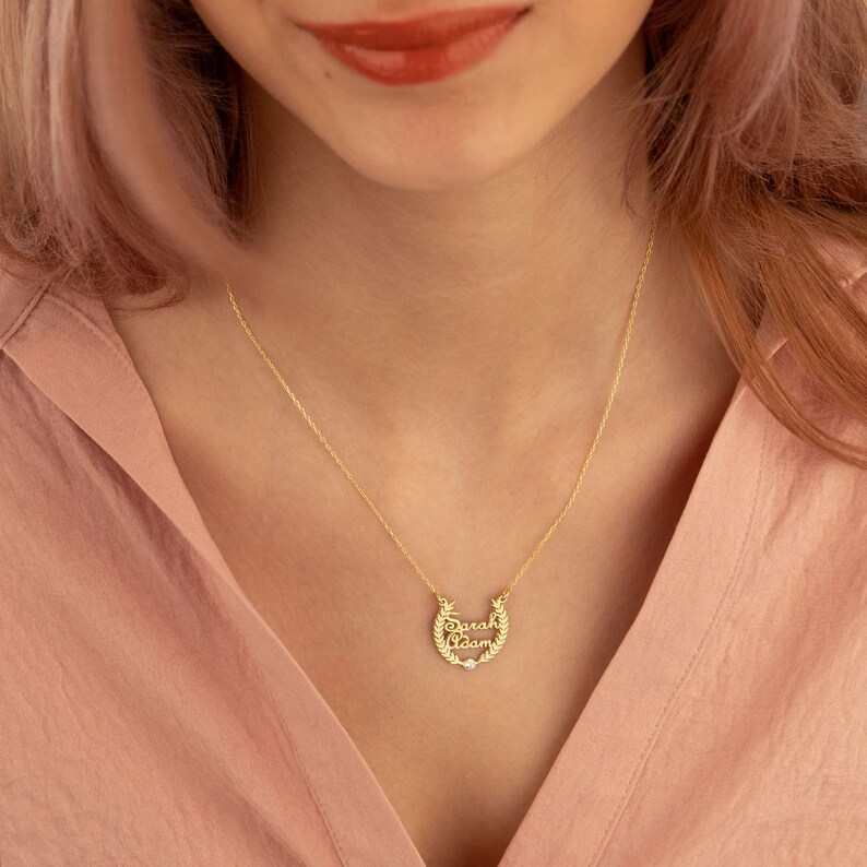 Gold Plated Laurel Wreath Names Necklace Custom Double Names Necklace