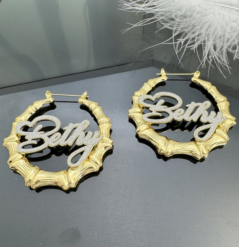 Bling Personalized Bamboo Earrings Gold Plated Hoop Name Earrings