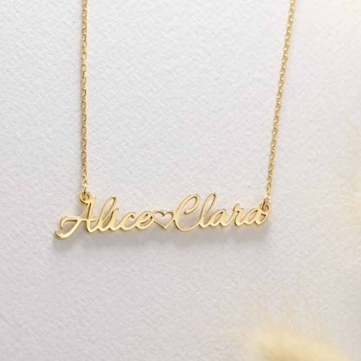 Gold Plated Two Names Necklace Custom Names Necklace with Heart