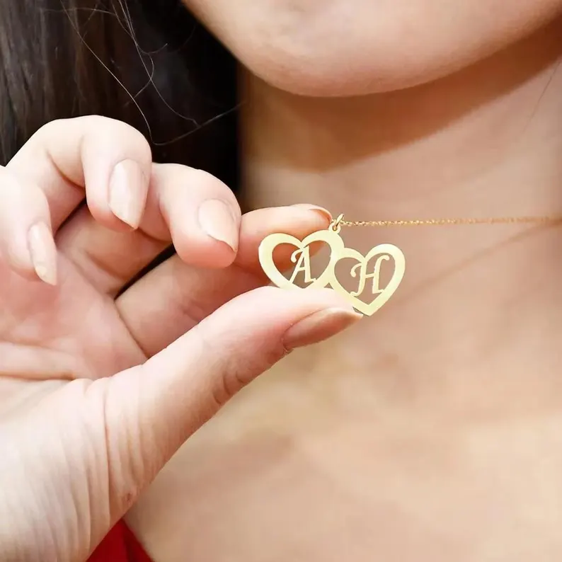 Personalized Gold Plated Two Heart Initial Necklace