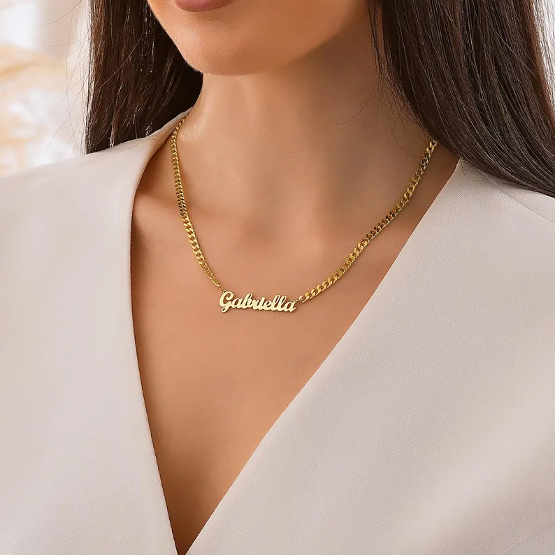Elegant Gold Plated Name Necklace with Cuban Chain for Women