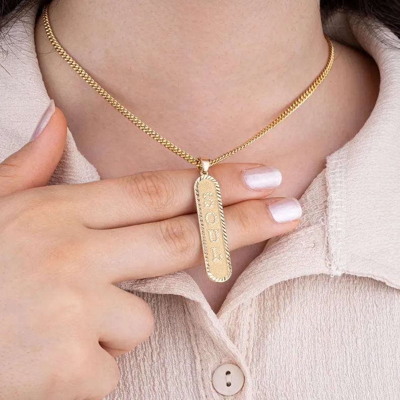 Custom Vertical Bar Name Pendant Necklace Gold Plated Diamond Cut Name Necklace