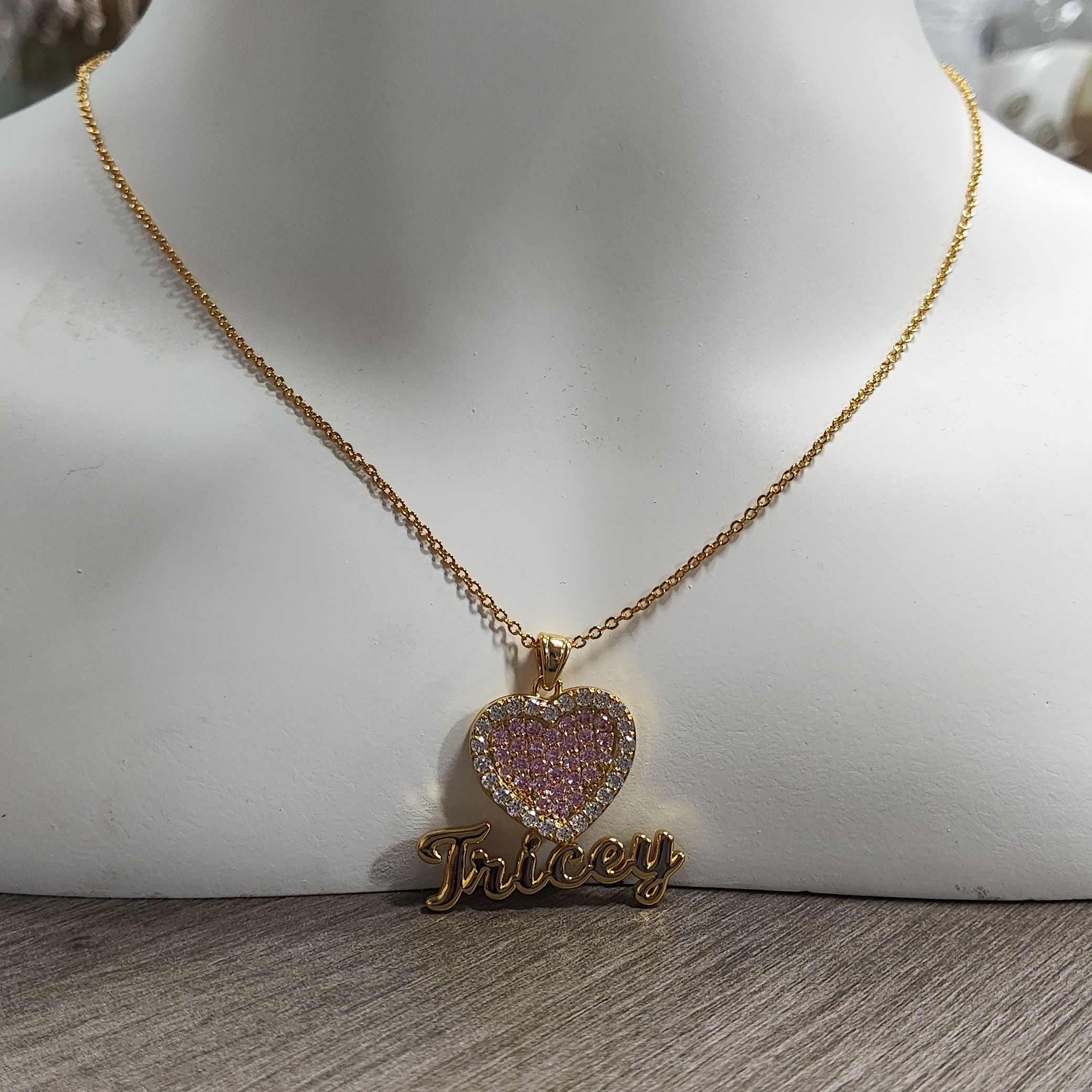 Pink Zircon Heart Nameplate Personalized Custom Name Necklace