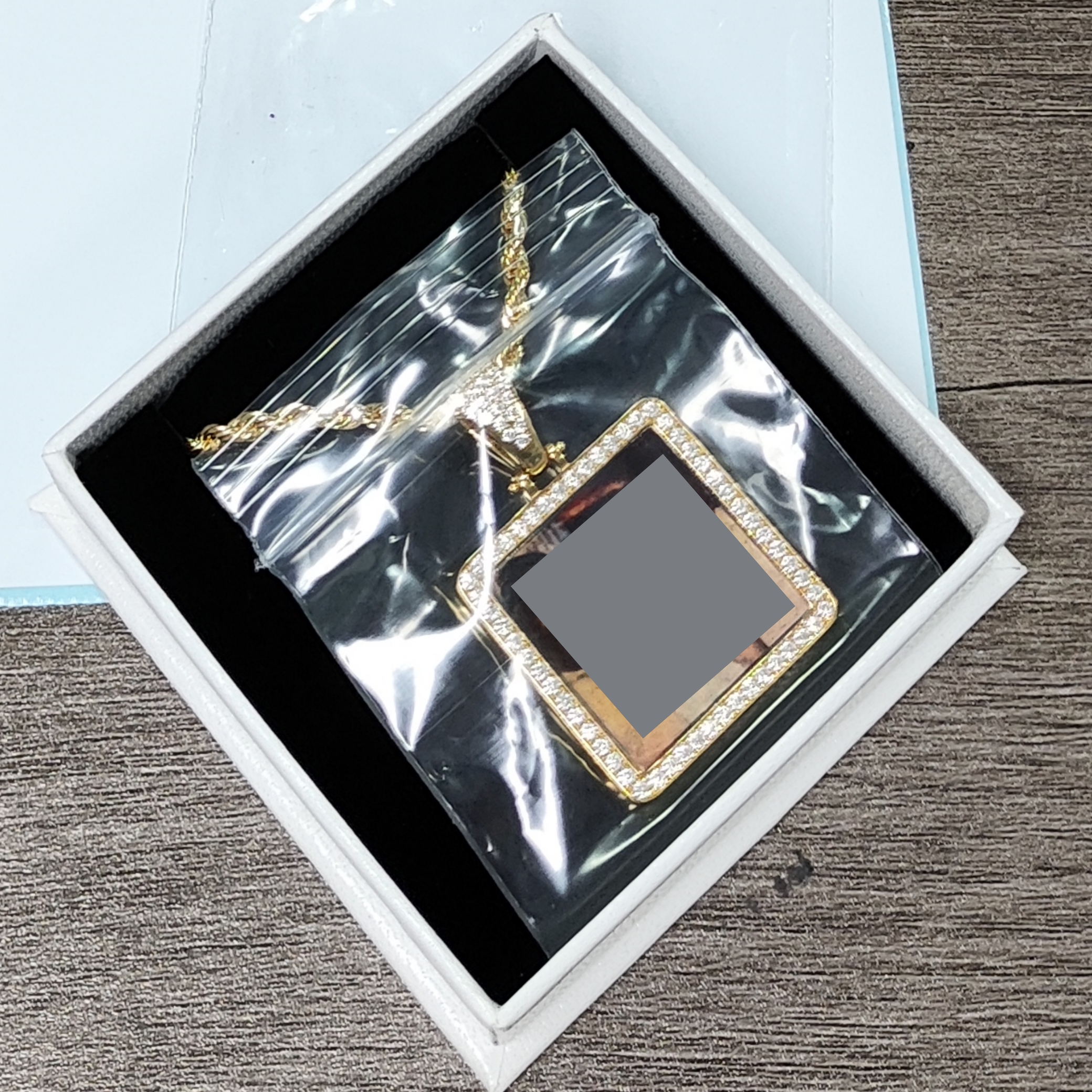 Gold Square Pendant with Rhinestone Border Personalized Photo Necklace