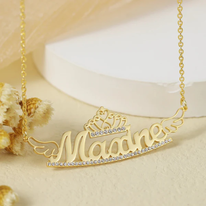 Personalized Crown Name Necklace With Wings