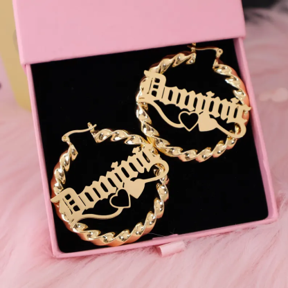 Personalized Two Hearts Name Earrings Custom Twist Hoop Name Earrings