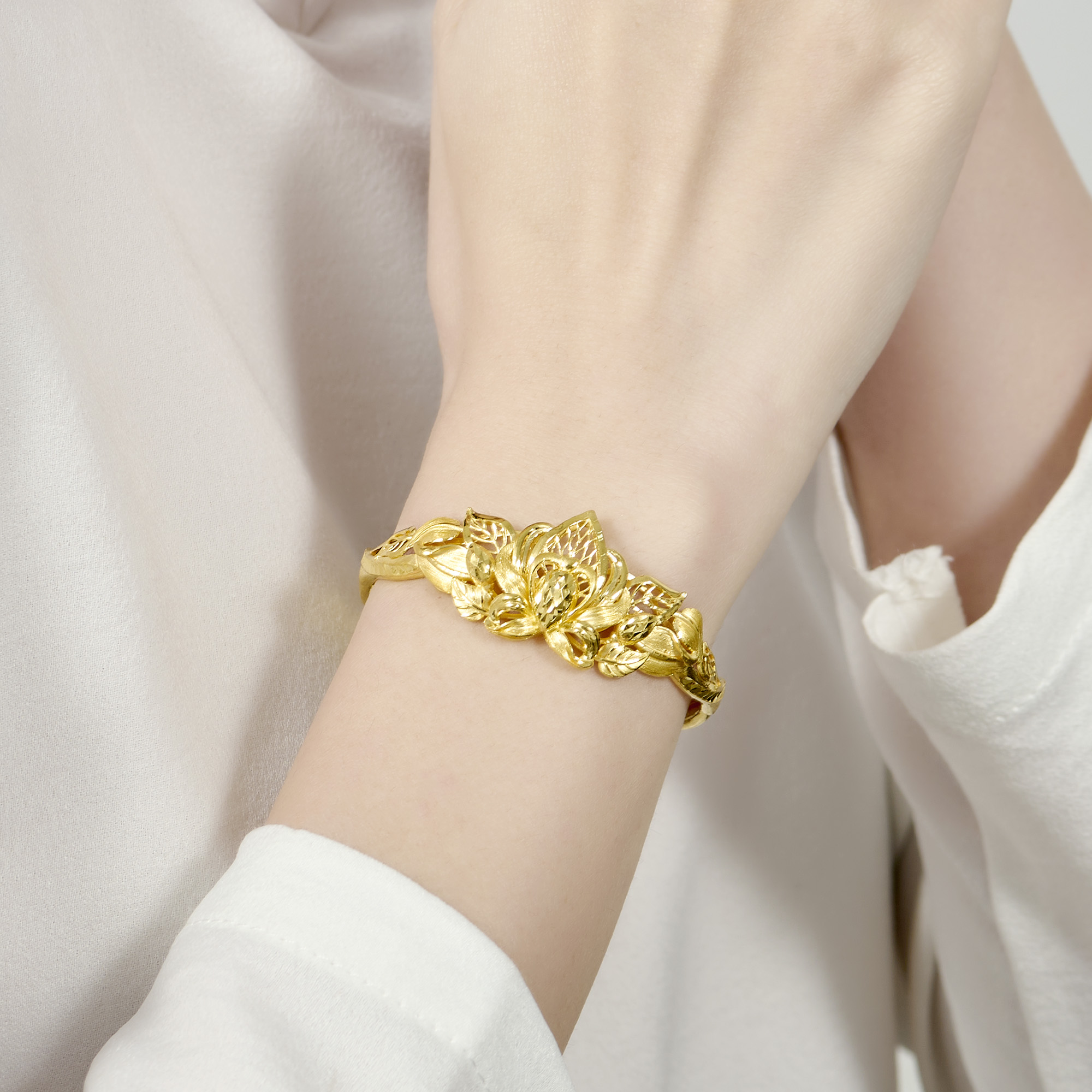 Gold Plated Leaves And Nut Bangle Bracelet