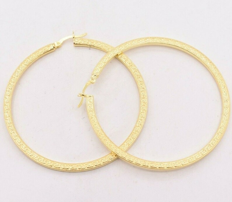 Gold Plated Hoop Earrings Flat Greek Key Motif Hoop Earrings