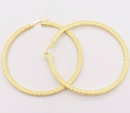 Gold Plated Hoop Earrings Flat Greek Key Motif Hoop Earrings