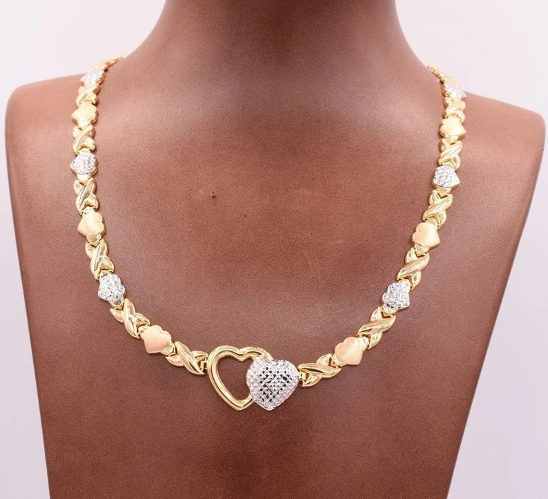Diamond Cut Heart Kisses Two Tone XOXO Chain Necklace