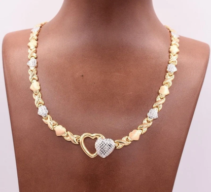 Diamond Cut Heart Kisses Two Tone XOXO Chain Necklace