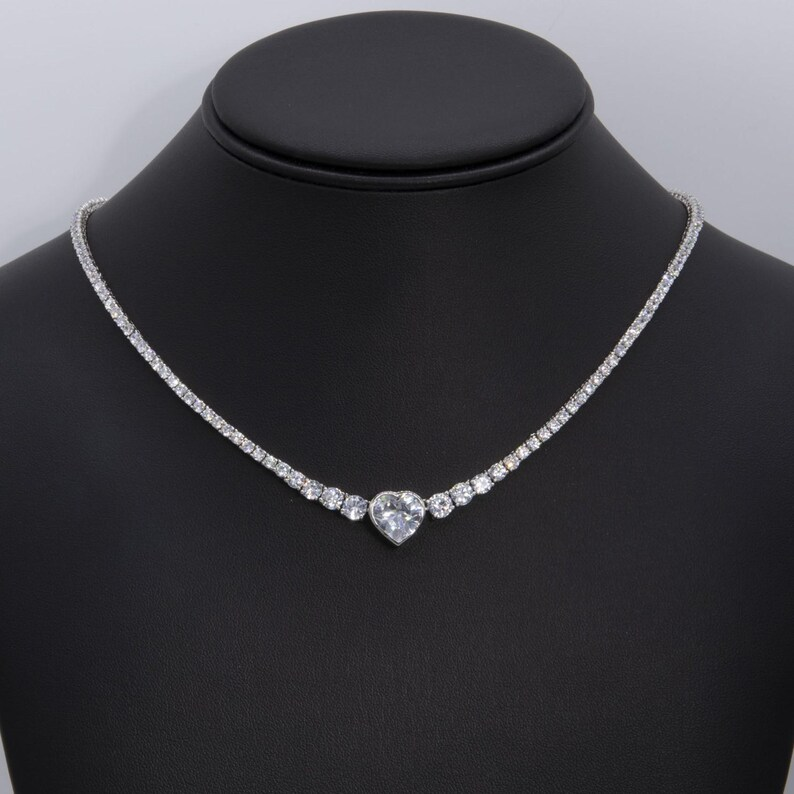 Round CZ Tennis Chain Heart Pendant Necklace