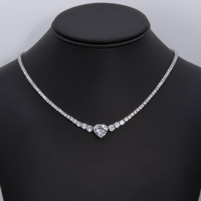 Round CZ Tennis Chain Heart Pendant Necklace