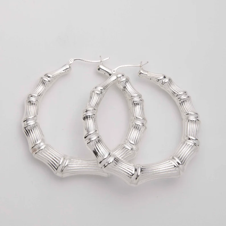 Silver Color Bamboo Hoop Earrings