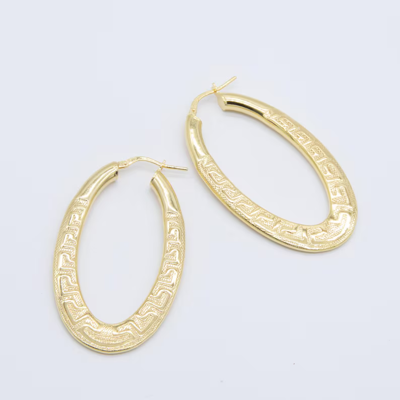 Gold Plated Oval Greek Key Hoop Earrings