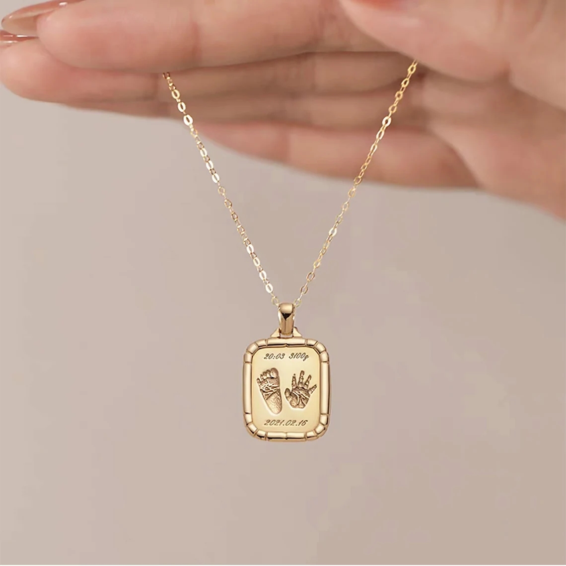 Baby Footprint and Handprint Personalized Engraved Necklace With Birthstone