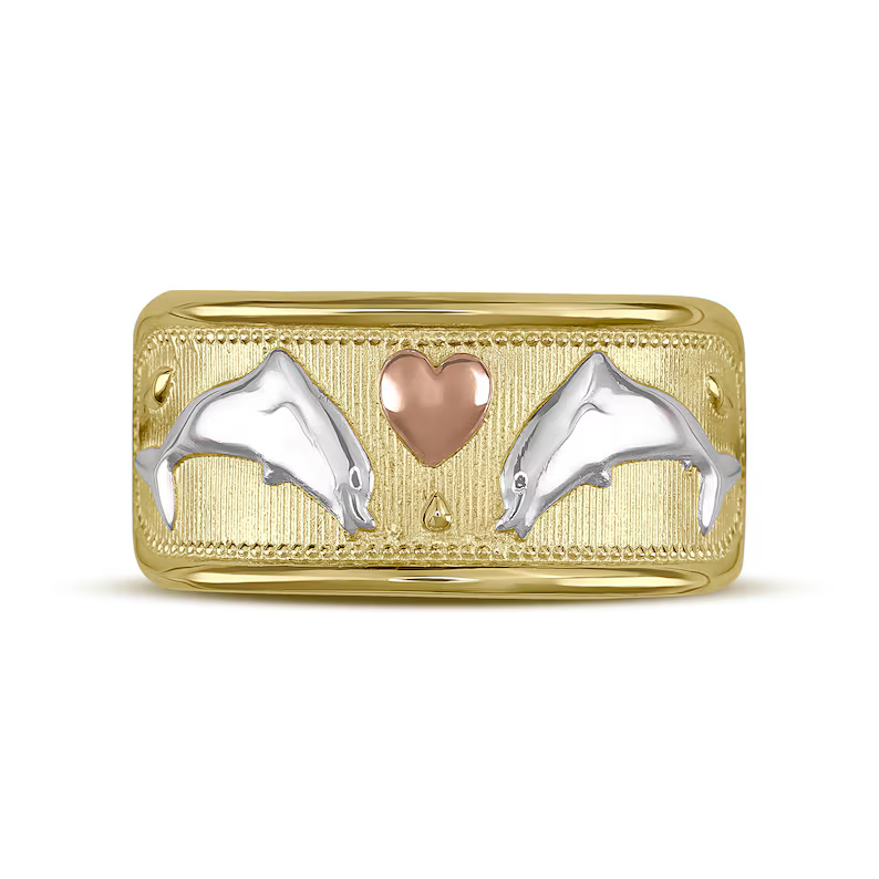 Gold Plated Luck Double Dolphin Ring Tricolor Band Ring