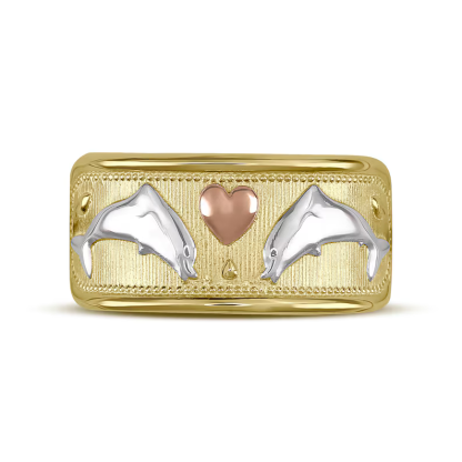 Gold Plated Luck Double Dolphin Ring Tricolor Band Ring