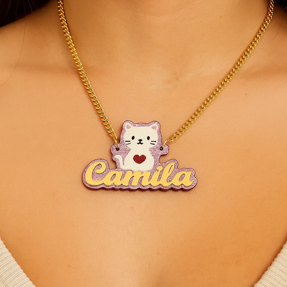 Pink Acrylic Cute Cat Nameplate Personalized Custom Name Necklace