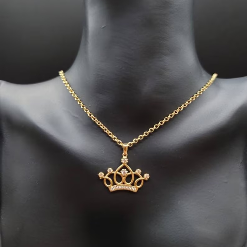 14K Gold Plated Diamond Cut Crown Pendant Necklace