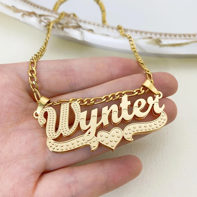 Double Layer Two Tone Gold Plated Personalized Custom Name Necklace with Heart-silviax