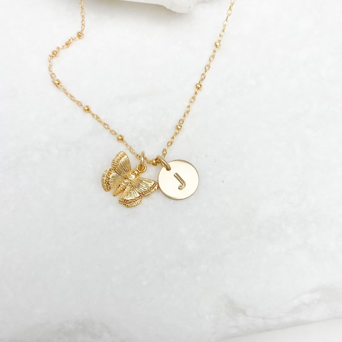 Gold Plated Initial Pendant and Butterfly Pendant Necklace
