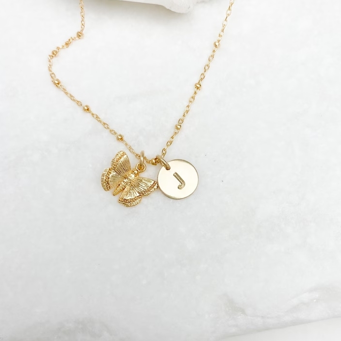 Gold Plated Initial Pendant and Butterfly Pendant Necklace