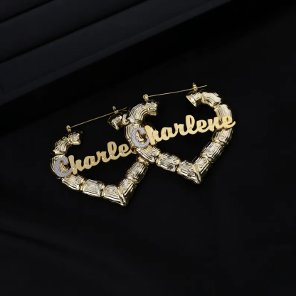 Heart Shaped Bamboo Earrings Personalized Custom Two Tone Name Earrings