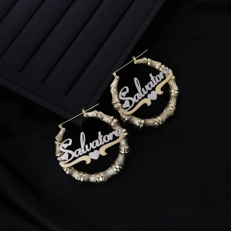 [Copy]Heart Shaped Bamboo Earrings Personalized Custom Two Tone Name Earrings