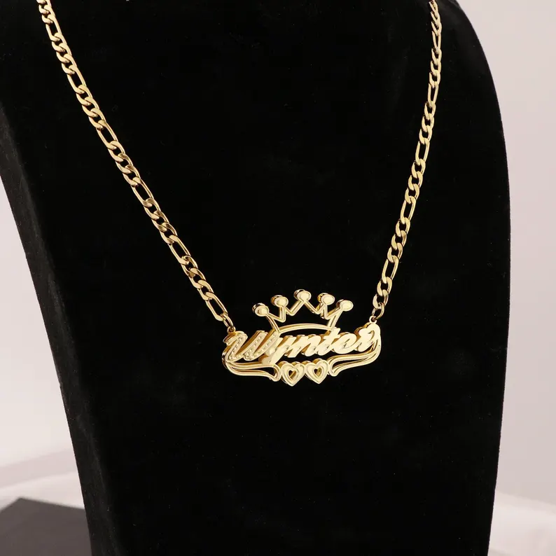 Double Layer Double Heart Crown Nameplate Necklace
