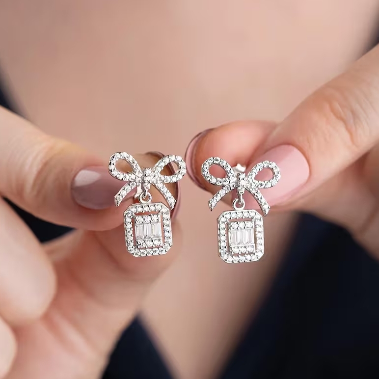Shiny Bow Earrings CZ Studs Earrings
