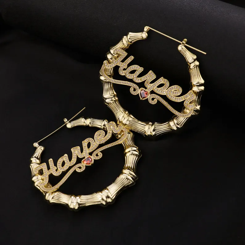 Personalized Birthstone Bamboo Earrings Custom Name Earrings with Heart