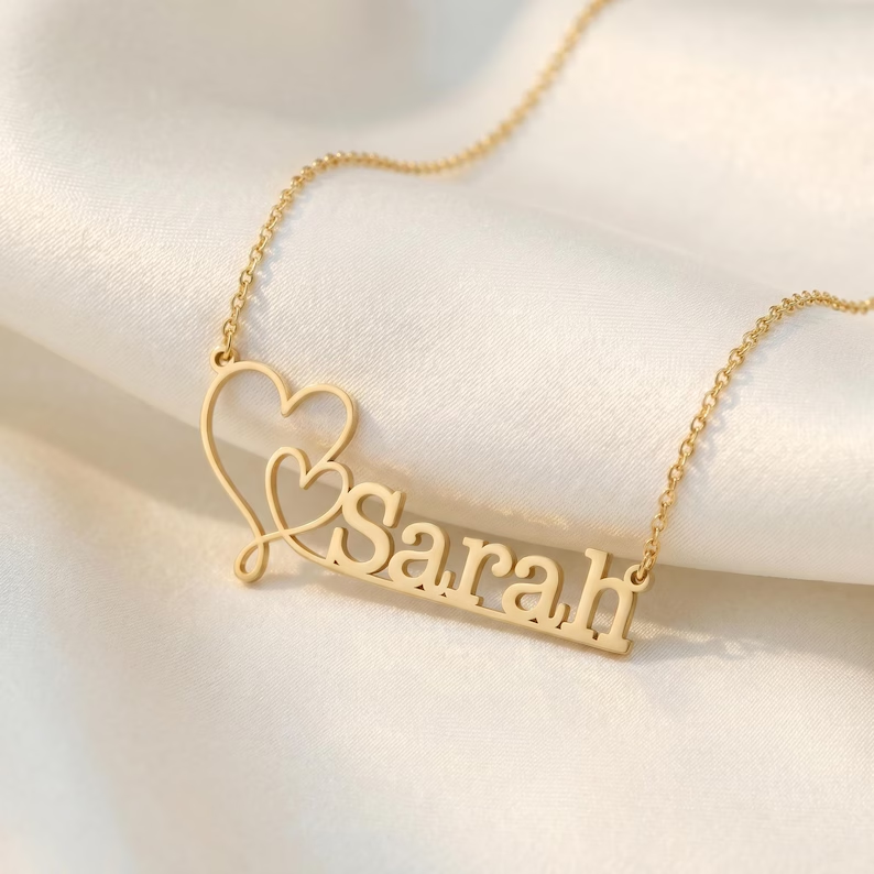 Double Heart Name Necklace Gold Plated Custom Name Necklace