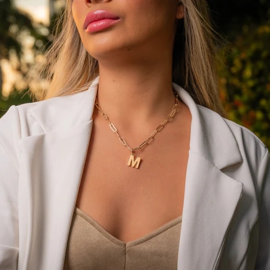 Gold Plated Personalized Initial Necklace with Paperclip Chain